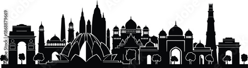 Indian monuments Delhi vector illustration.  Delhi city skyline, with several prominent Indian landmarks. New Delhi and Agra city skyline silhouette. 