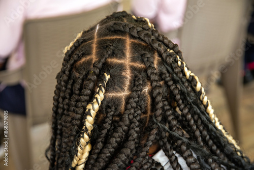 Top view of intricate box braids with blonde highlights, natural afro hairstyle. Maps
