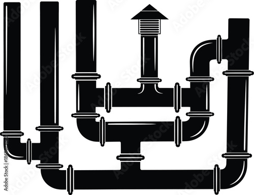 Pipe system for plumbing, gas, oil, or water distribution vector illustration. Valve plumbing icon,  pipeline system silhouette. 