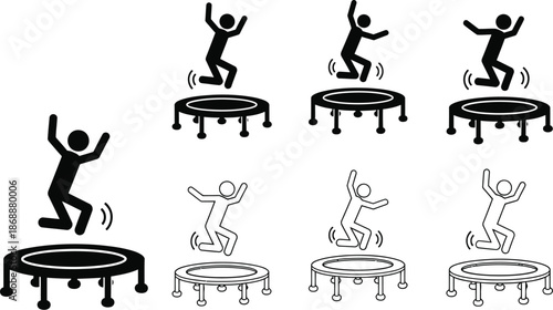 Playday trampoline exercise icon set.  People jumping on trampolines. Man jumping from a trampoline. Jumping jacks trampoline vector illustration silhouette. 