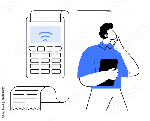 Man holding tablet beside payment machine with wireless icon and receipt. Ideal for finance, technology, retail, decision-making, digital payment, innovation, customer interaction. Simple flat