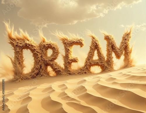 Glowing 3D letters forming the word DREAM, with ethereal lighting effects symbolizing dreams, dreaming visions, and imaginative aspirations