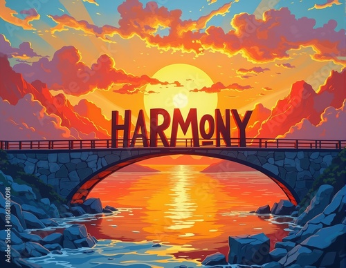 Glowing 3D letters forming the word HARMONY with soft lighting effects, rendered on calm and balanced abstract backgrounds