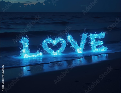 Glowing 3D letters forming the word LOVE, with radiant lighting effects symbolizing love, loving emotions, and heartfelt connections