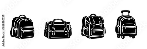 Backpack and luggage vector icons set. travel gear and bag symbols