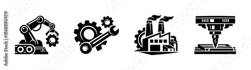 Manufacturing and industry vector icons set. factory and automation symbols