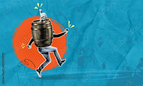 Trendy halftone pop art collage depicting a dancing dude carrying a huge keg of beer and his hand showing a thumbs up gesture during an evening visit to a pub and drinking alcohol; glass with drink; a