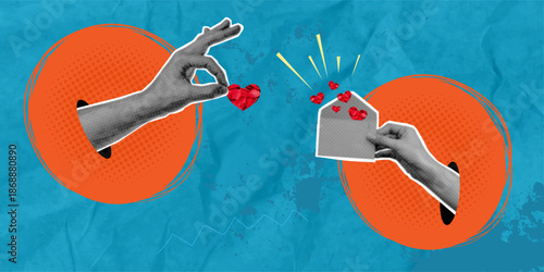 A trendy, halftone pop-art collage: hands exchanging hearts from an envelope, against a bright blue background. Valentine's Day concept for gift and greeting card design