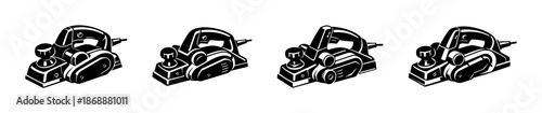 Power tools vector icons set: electric planers, carpentry symbols, workshop essentials
