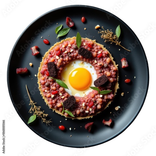 Tempting Pheasant Tartare, gourmet food dish with raw egg yolk