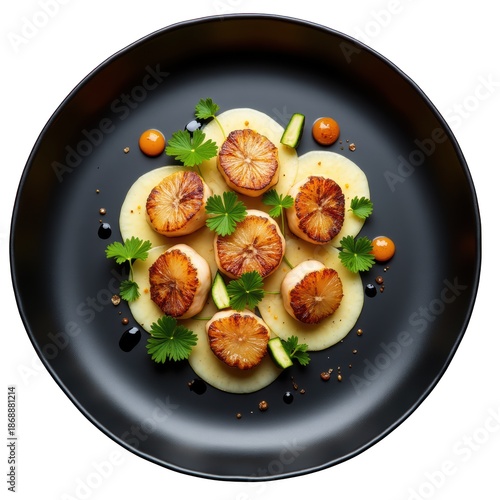 Seared scallop seafood on black plate. An appetizer with puree, herb, and delicious fresh food