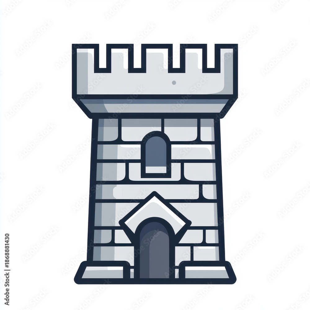 Fototapeta premium Minimalist medieval stone watchtower icon with battlements isolated on white background