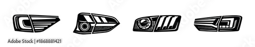 Car headlight vector icons set: automotive, vehicle, and transport elements
