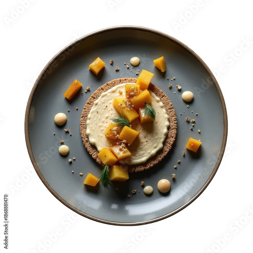 Elegant smoked eel pate on buckwheat cracker with pickled apple and mustard cream