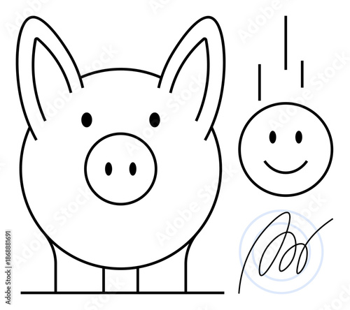 Piggy bank concept. Piggy bank with dropping coin and signature s financial savings, banking, and investment. Piggy bank money management and budgeting. Suitable for finance, banking apps, investment