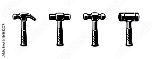 Construction tools vector icons set: hammer and mallet symbols for building design