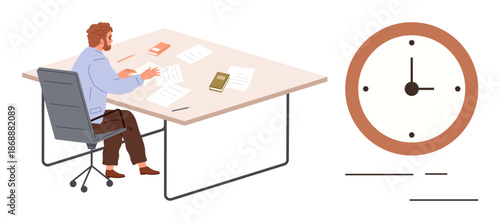 Time management, deadlines, work concentration, office productivity, scheduling, organization. Man sitting at a desk with papers and a clock. Time management and deadlines concepts