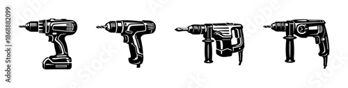 Power tools vector icons set: drill, construction equipment, workshop tools
