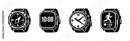 Smartwatch and fitness vector icons set. wearable tech and health symbols
