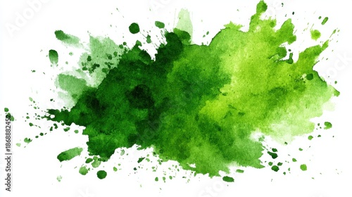 Vibrant green watercolor splash with dynamic paint splatters.
