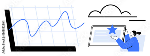 Business growth, cloud computing, digital learning, analytics, professional tools, virtual workspace. Graph data trends and a person interacting with a tablet. Business growth and cloud computing
