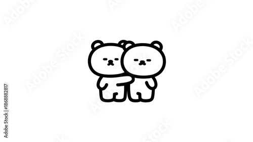 Minimalist outline illustration of two cute cartoon bears with grumpy expressions, one comforting the other. Simple graphic art.
