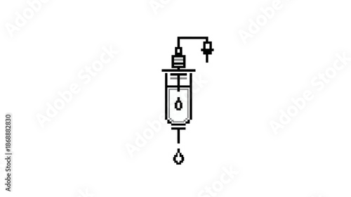 Minimalist black line icon of an intravenous drip system with a falling drop, symbolizing medical infusion, care, or treatment.