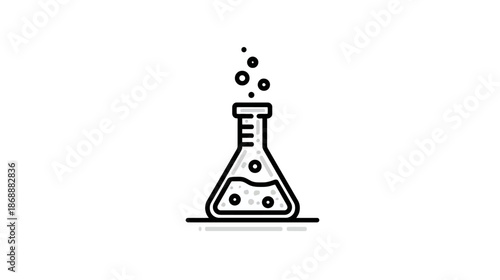 Line art icon of a laboratory conical flask with bubbling liquid, symbolizing chemical experiment, science research, and education.
