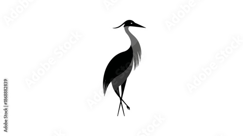 Elegant minimalist stylized bird, long-necked heron or crane standing on one leg. Black and grey vector illustration on white.
