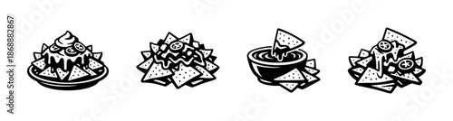 Mexican cuisine vector icons set. nachos, snacks, and salsa symbols
