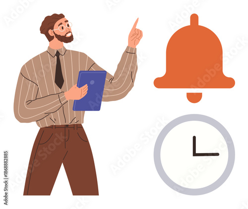 Time management, productivity, notifications, organization, reminders, efficiency. A man holding a tablet points to symbols of a bell and clock. Time management and productivity concept