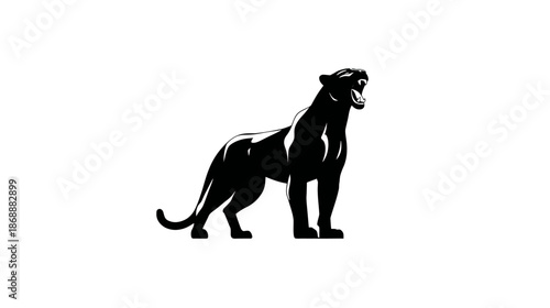 Powerful black panther roaring illustration, majestic wild cat standing in profile, fierce predator vector graphic, monochrome design
