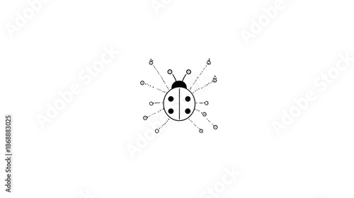 Minimalist black and white line art illustration of a ladybug with radiating lines and circles, symbolizing connection or technology