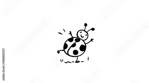 Cheerful hand-drawn cartoon ladybug doodle with a smiling face. Cute black and white insect line art illustration on white background.