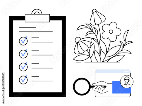 Task management, productivity, nature, web search, identification, personal data security. A clipboard with checkmarks, flowers a magnifying glass and a user profile icon. Task management