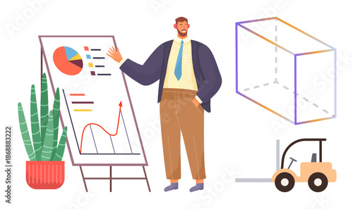 Business strategy, logistics, warehouse management, data analysis, supply chain, corporate training. Man presenting charts, forklift and cube design. Business strategy and logistics concept