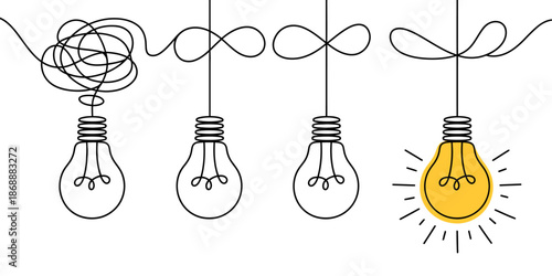 An illustration of four light bulbs with one glowing yellow, symbolizing a bright idea or inspiration.