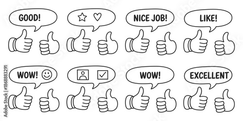 A black and white illustration of thumbs up with speech bubbles containing positive feedback