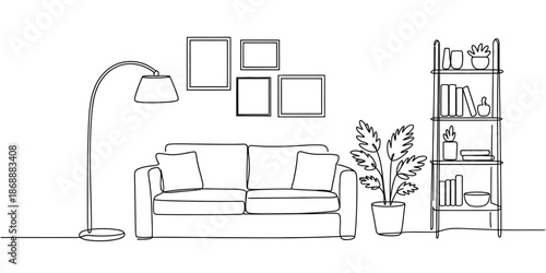 A minimalist living room interior with a couch, lamp, and bookshelf in a simple line drawing style.