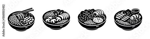 Healthy food vector icons set: bowls, ingredients, and culinary symbols
