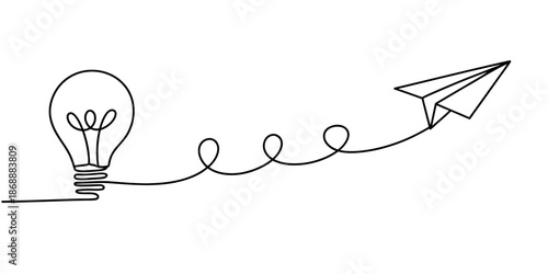 A minimalist line drawing of a lightbulb with a paper airplane flying away, symbolizing creativity and innovation.