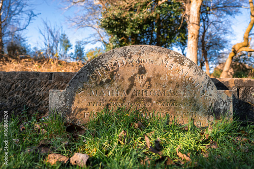 A weathered gravestone with lichen stains sits in a tree lined Liverpool cemetery. Late afternoon winter light casts long shadows. Close low angle composition highlights remembrance.