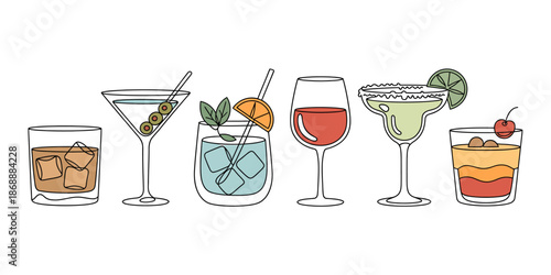 A colorful illustration of various cocktails and drinks on a white background