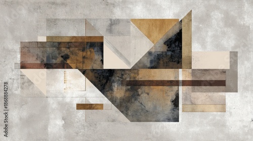 Abstract geometric composition, featuring intersecting shapes in muted colors, set against a textured backdrop