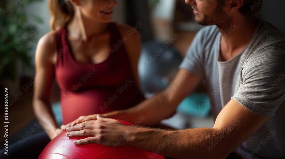 Fototapeta premium Pregnant woman sitting on fitness ball with partner, faceless home wellness scene, hands on belly, prenatal exercise preparation, birthing class concept, maternity health, with