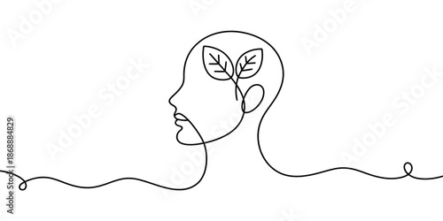 A minimalist line drawing of a human head with a leafy plant growing inside, symbolizing growth and harmony