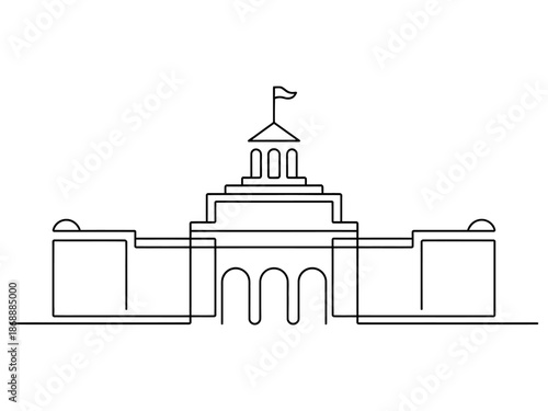 A minimalist line drawing of a government building with a flag on top