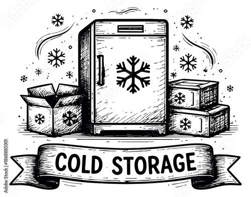 Hand drawn line art illustration of a cold storage scene depicting a refrigerator, boxes, and snowflakes for food preservation and logistics