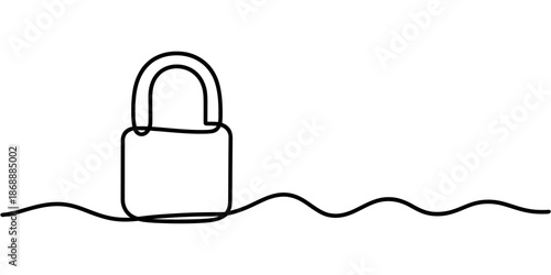A simple line drawing of a padlock partially submerged in wavy lines on a white background