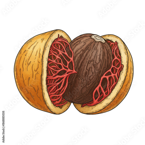 Illustration of a halved nutmeg fruit showing seed and mace